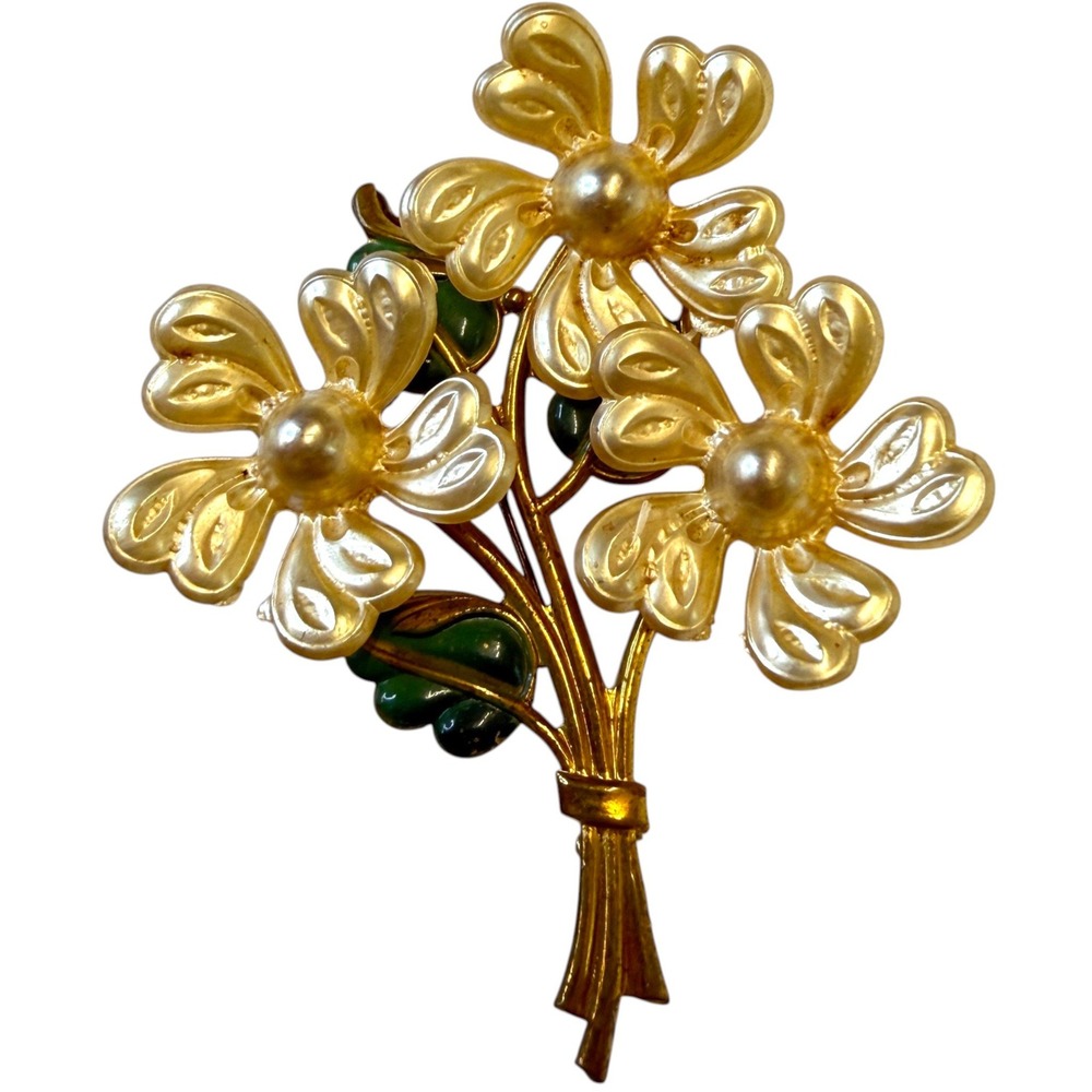 Vintage 1950s Lucite Flower Brooch 3" Pearl Floral Bouquet Green Enamel MCM